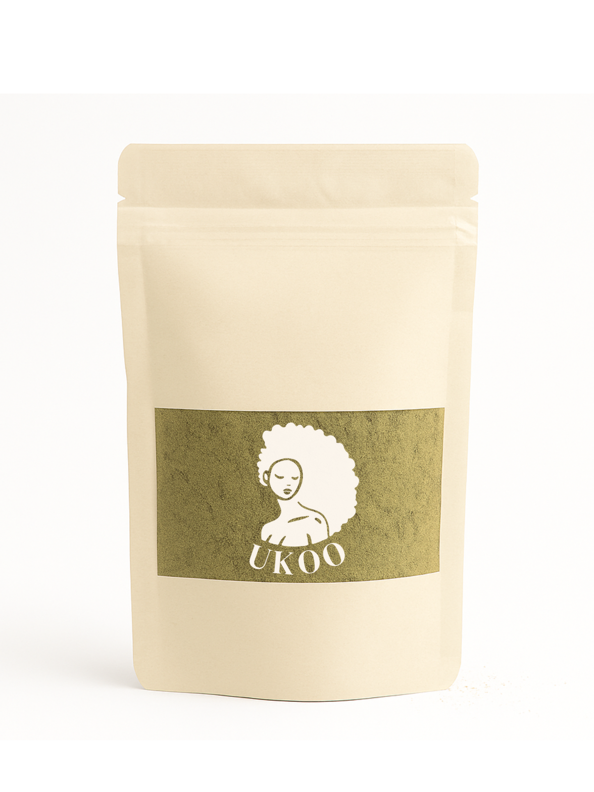 Beige packaging with a green label featuring a logo and text on a white background