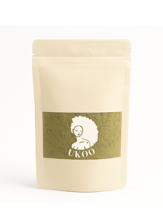 Beige packaging with a green label featuring a logo and text on a white background