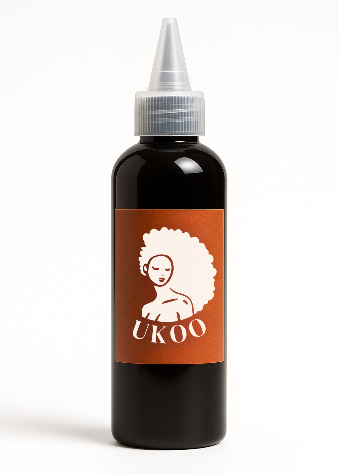 Black bottle with a brown label featuring a logo and the brand name 'UKOO' on a white background.